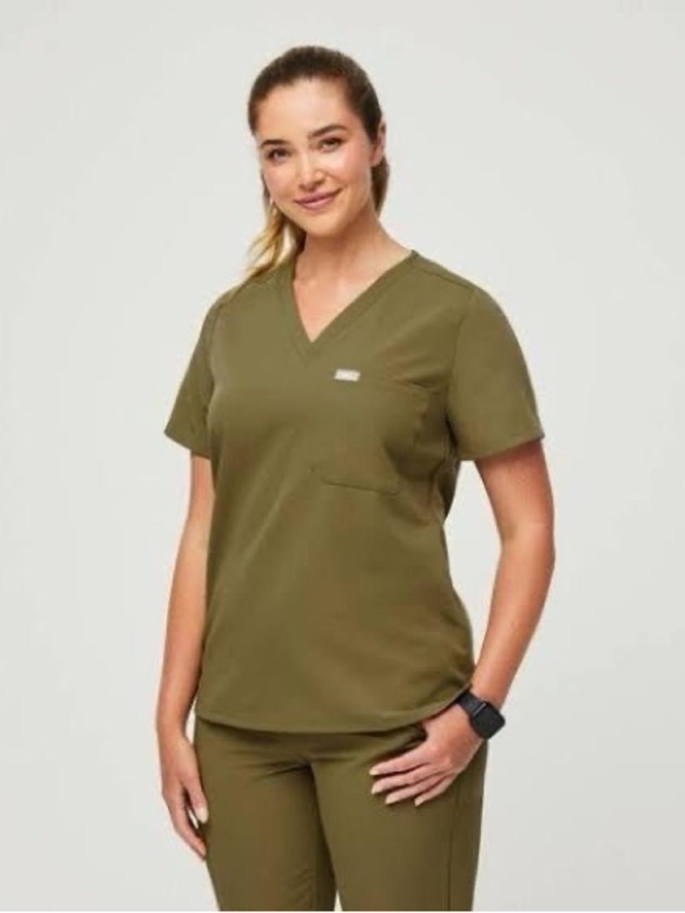 FIGS Catarina One Pocket Scrub Top in olive green